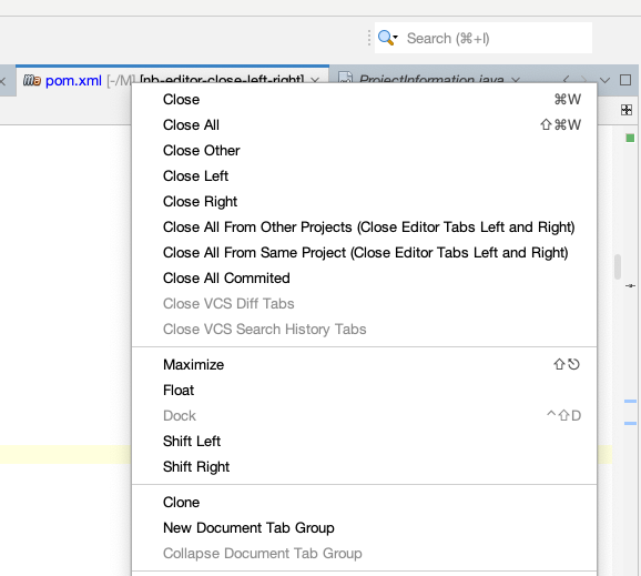 Context menu of a editor tab