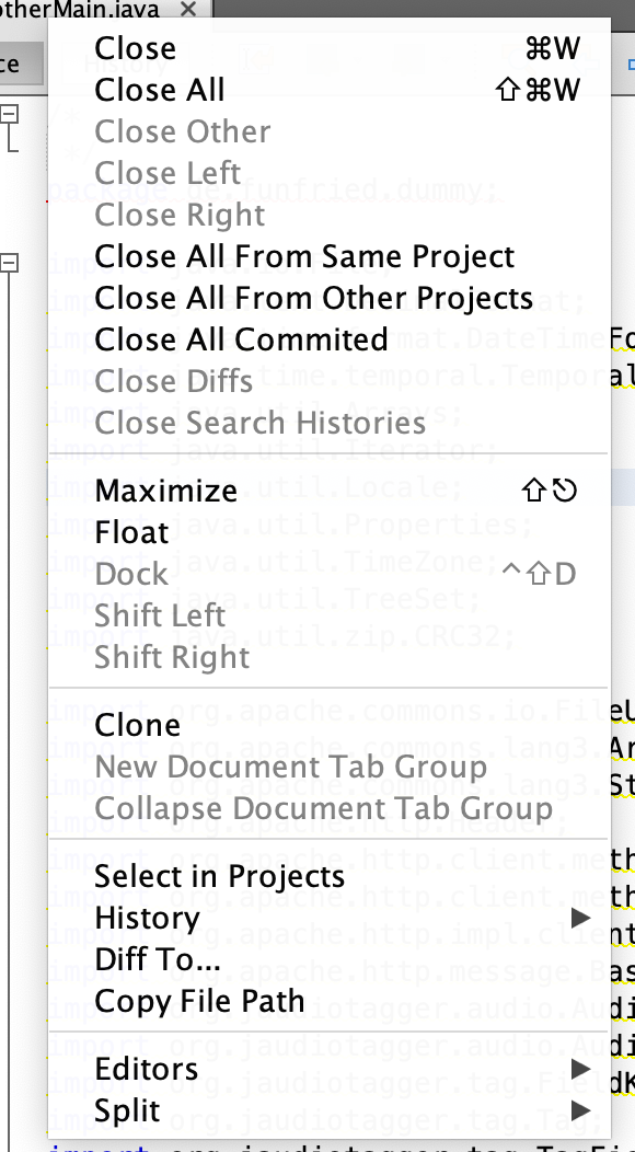 Context menu of a editor tab